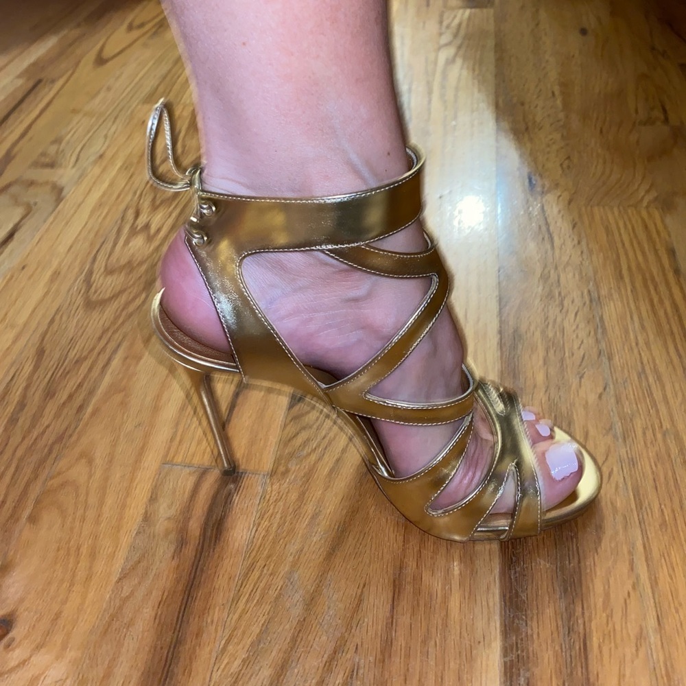 Brand new gold Casadei heels gladiator lace up